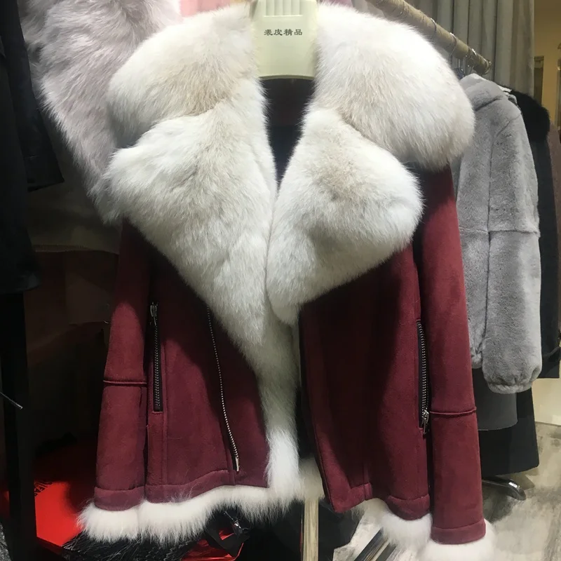 Куртка из натуральной овечьей кожи с большим воротником из лисьего меха, Высококачественная Роскошная брендовая модная Толстая зимняя верхняя одежда, пальто, новинка - Цвет: red