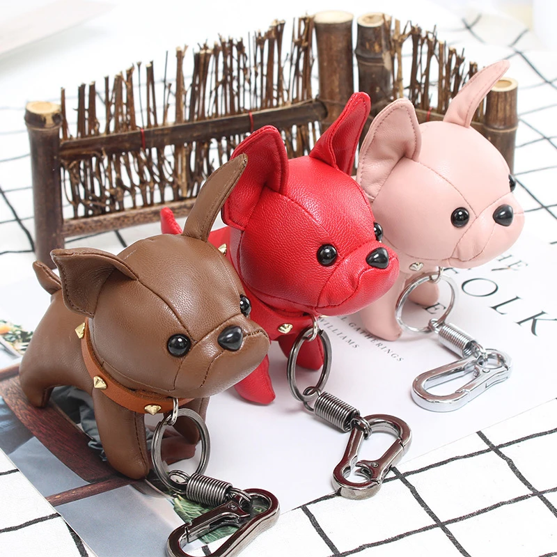 

Cute Leather PU Bulldog Couple Keychain Punk Animal Dog Toy Keyring Holder Bag Charm Pendant Retractable Spring Key Chain Gifts
