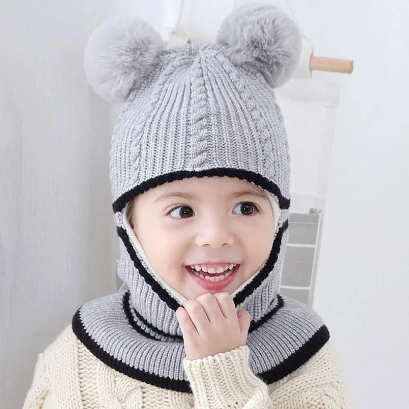 Зимние шапки для детей 2-6 лет, детские вязаные шапки с двумя меховыми помпонами для мальчиков, детские вязаные шапки, защищающие шею лица, шапки-ушанки для девочек