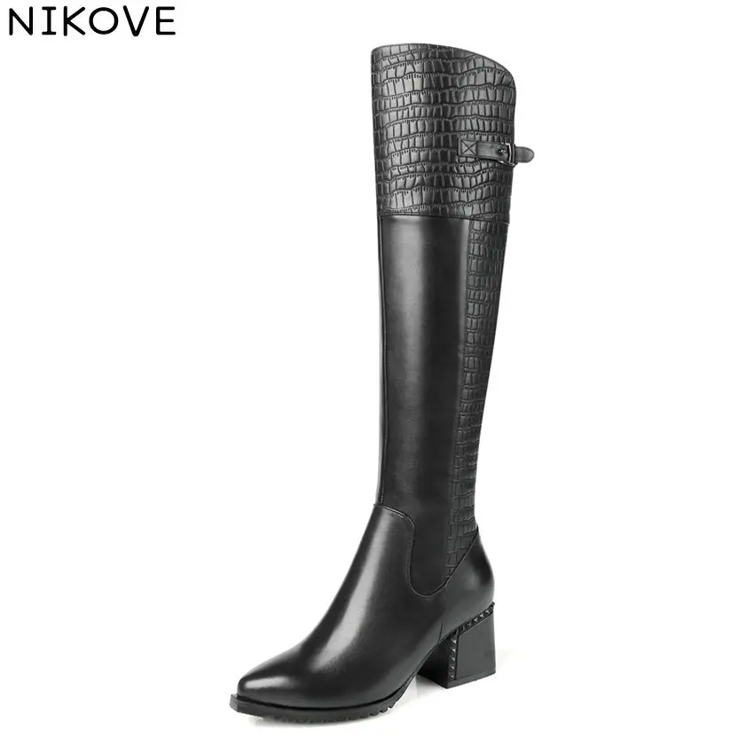 NIKOVE/женские сапоги с острым носком на высоком квадратном каблуке молнии до