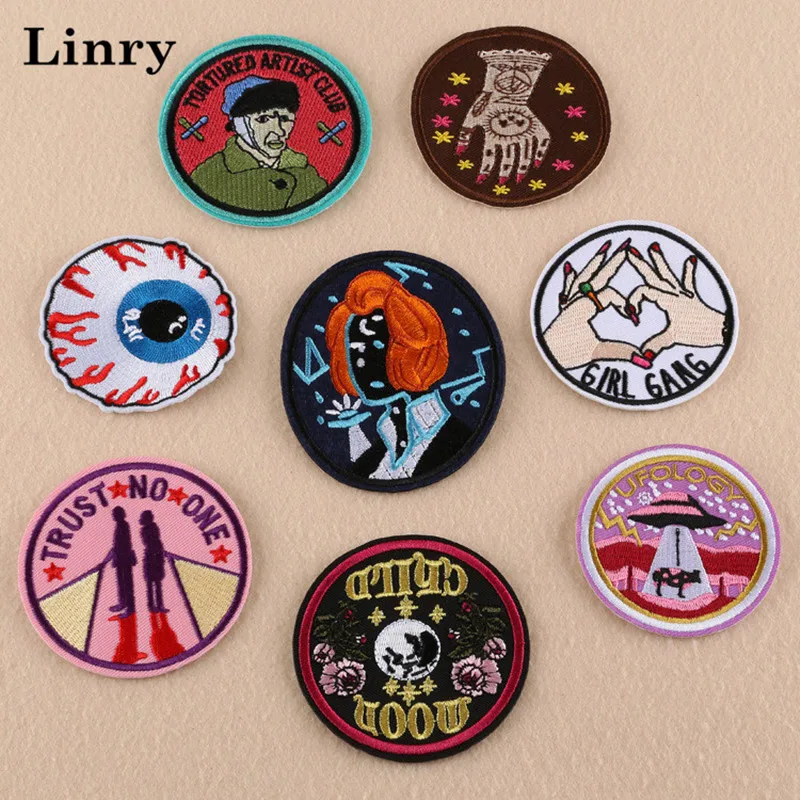 8 Styles Embroidered Round Badge Iron On Patches For Clothing DIY White ...