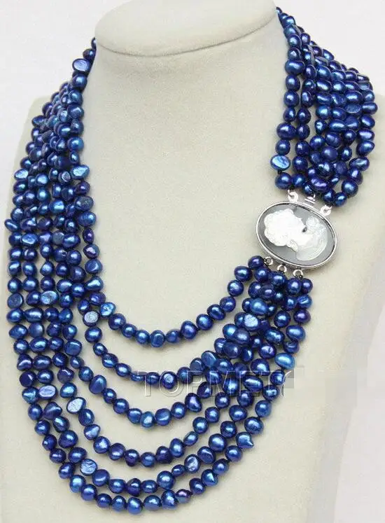 

Free Shipping >> baroque 16"-21" 6row 7mm blue pearls necklace seashell clasp E2723