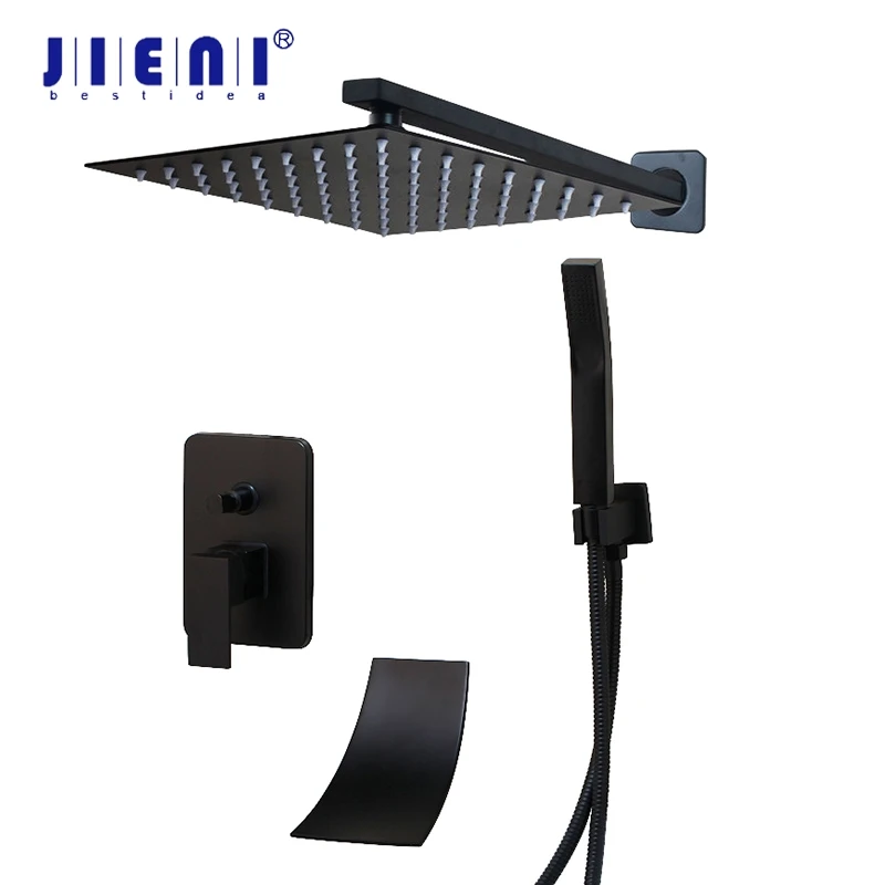 

JIENI 8 10 12 16 Inch Black Shower Rainfall Tub Shower Faucet LED Bathtub Rain Square Shower Head Waterfall Shower Faucet Set