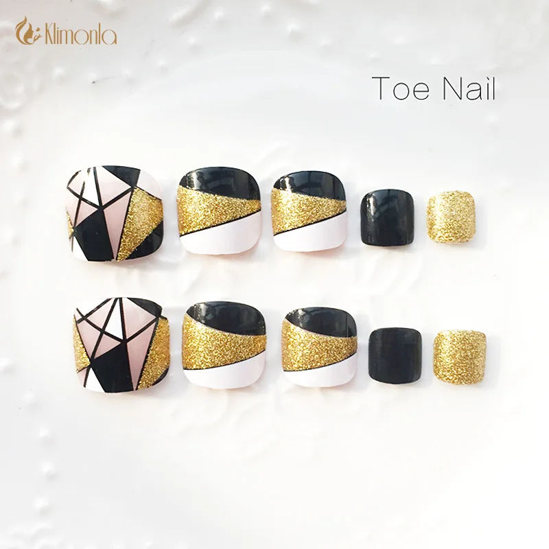 

24pcs/box Grid Gold New Foot False Nails Toenail Nail Stickers Tips Patches DIY Nail Art Tools Manicure Patch with Glue