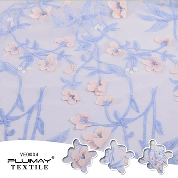 

100%Polyester 3d blue flower lace embroidered fabric bridal fabric for dress