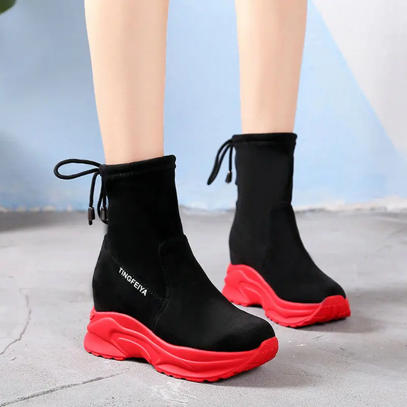 

Women short Boots thick bottom Flock leather Platform wedges Martins Boots Fashion Ladies height increasing shoes