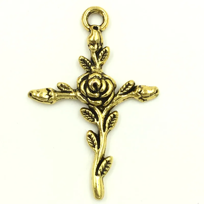

20Pcs Antique Gold Tone Cross Croix Rose Flower Charms Pendants Breloque Jewelry Making 35x23mm