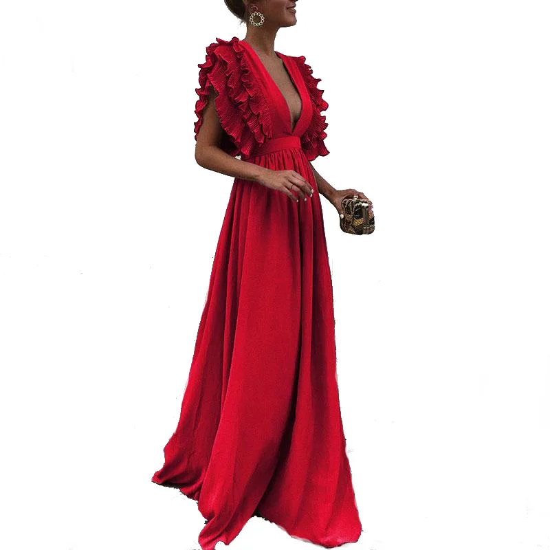 

U-SWEAR Women Summer Dress 2018 Vintage Elegant Ruffles Sleeve Party Dresses Sexy Backless Maxi Dress Vestidos De Fiesta