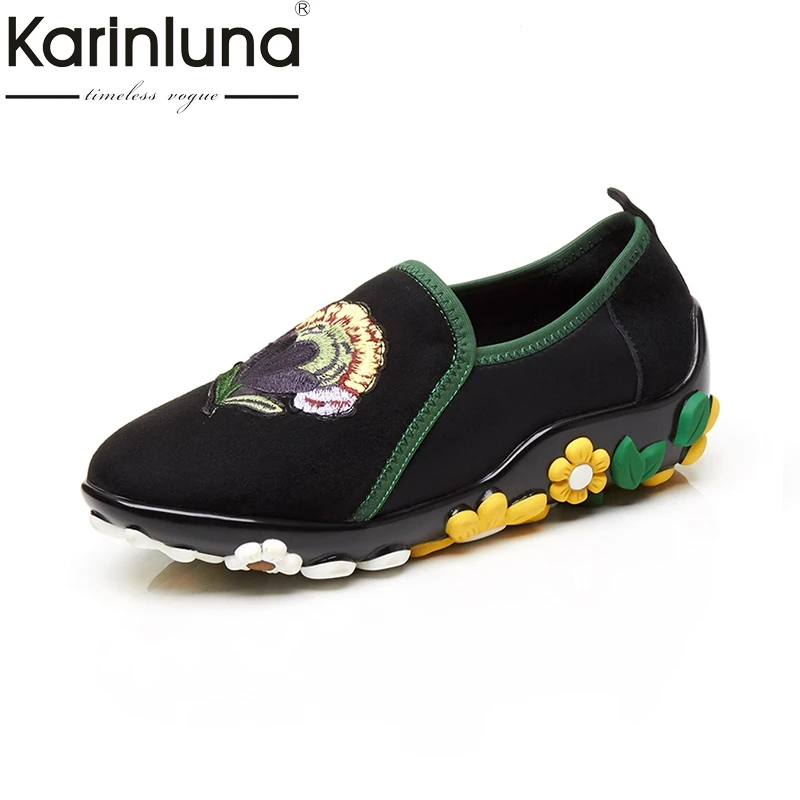 

KARINLUNA Fashion Kid Suede Black Embroidered Women Shoes Woman Leisure Slip On Breathable Flats Loafers Shoes Women