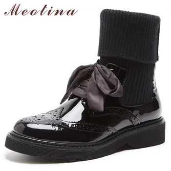 

Meotina Winter Ankle Boots Women Natural Genuine Leather Flat Short Boots Knitting Bow Round Toe Bullock Shoes Ladies Fall 33-40
