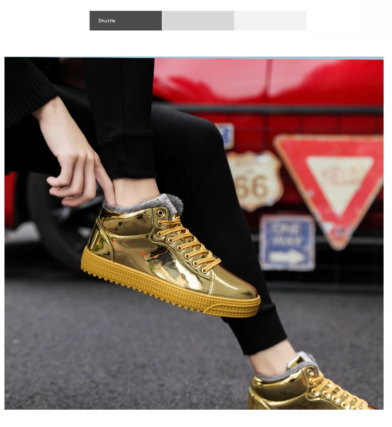 TYDZSMT Women Vulcanized Shoes Short Plush Warm Sneakers Ladies Lace-up Basket Shoes Bling Mirror Leather Flat Gold Shoe