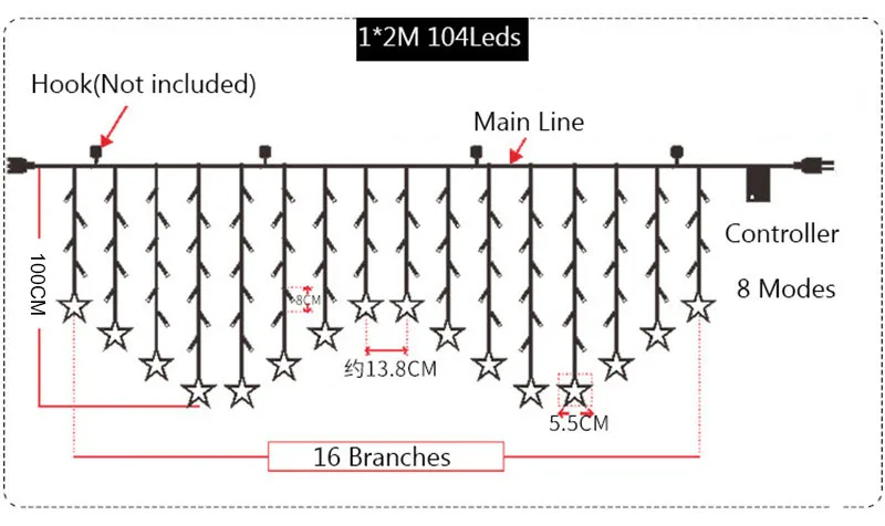1X2 м Светодиодная занавеска 104 светодиодов 16 звезд наружная внутренняя сосулька гирлянды для рождества, дома, церкви, балкона, свадебного освещения