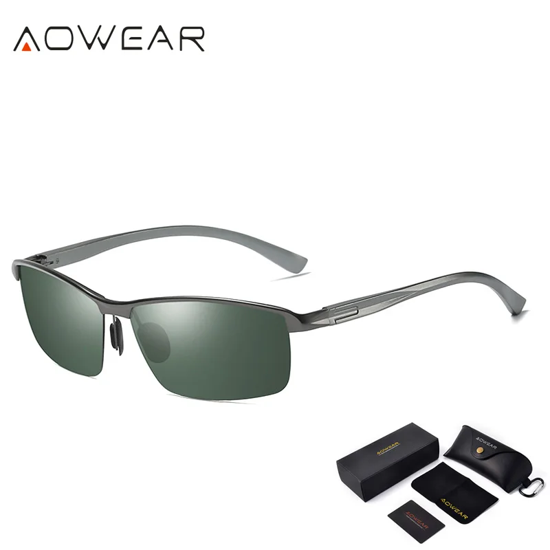 AOWEAR, мужские солнцезащитные очки без оправы, поляризационные, Ретро стиль, зеркальные линзы, солнцезащитные очки для мужчин, для вождения, для улицы, солнцезащитные очки, мужские очки - Цвет линз: C5 Gray Green