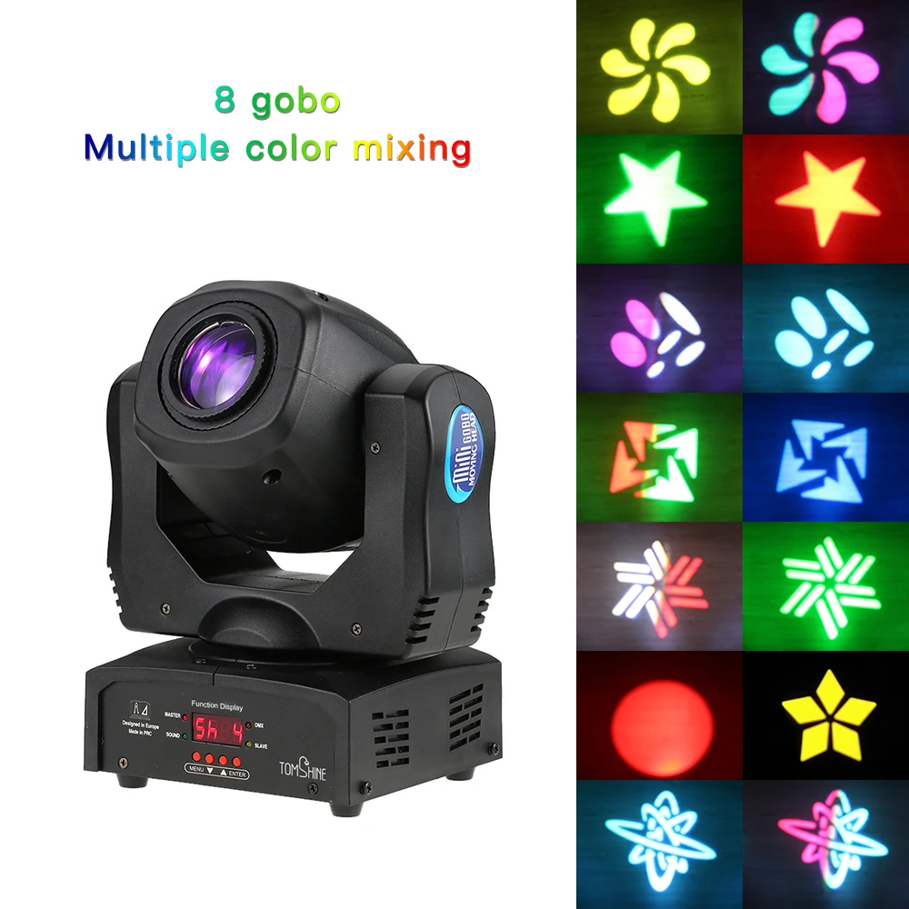 

Tomshine 80W DMX512 Sound Control Auto Rotating 9 / 11 Channels Rainbow 8 Colors Moving Head LED Stage Light Gobo Pattern Lamp