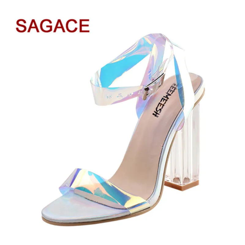 

Women Summer Clear Strappy Block Clear Chunky High Heel Open Peep Toe Sandal Ankle Strap Adjustable Buckle Shoes Plus Size 42