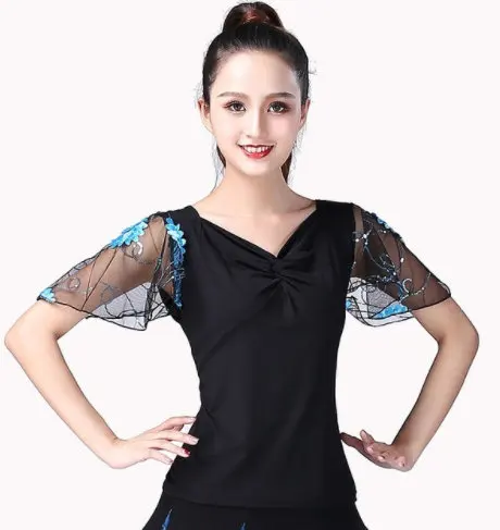 

Women Belly Dance Flower Top Ballroom Orientale Dancing Gauze Short Sleeves Blouse Yoga Latin Training Dancewear Big Size