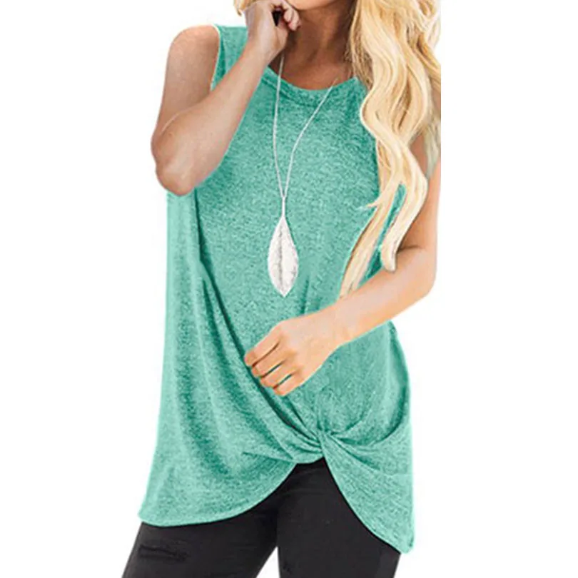 

Spring Summer T-Shirts Women Vests 2019 New Casual Sleeveless T-shirt Beach Cross Tie Twisted Top Blue Green Tshirt Sexy Clothes