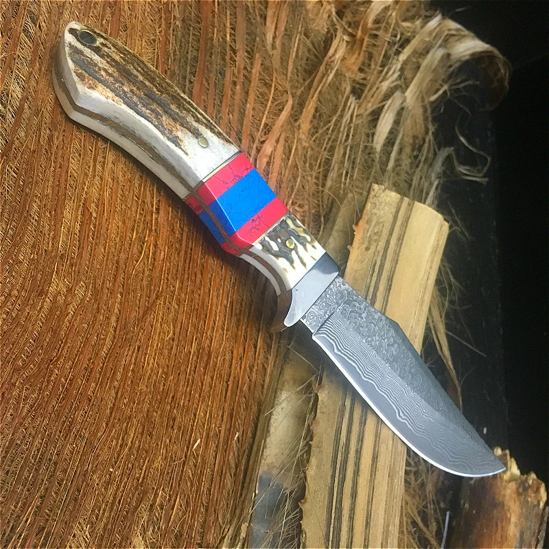 Волшебное поле пик Дамасская сталь прямой нож Олень Рог + пять цветов камень