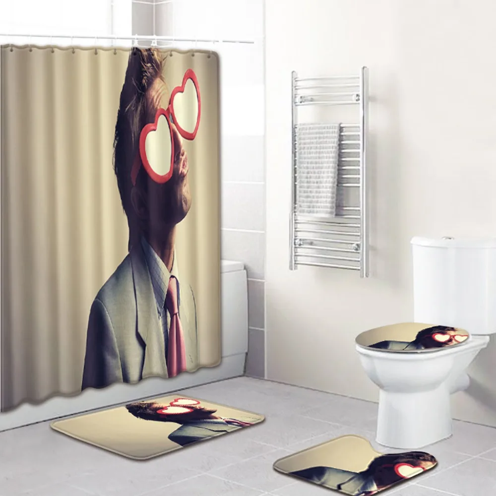

4PCS Bathroom Bath Mat Set Toilet Rugs Anti Slip Bathroom Carpets Non Slip Toilet Polyester Cover Mat Bathroom Shower Curtain