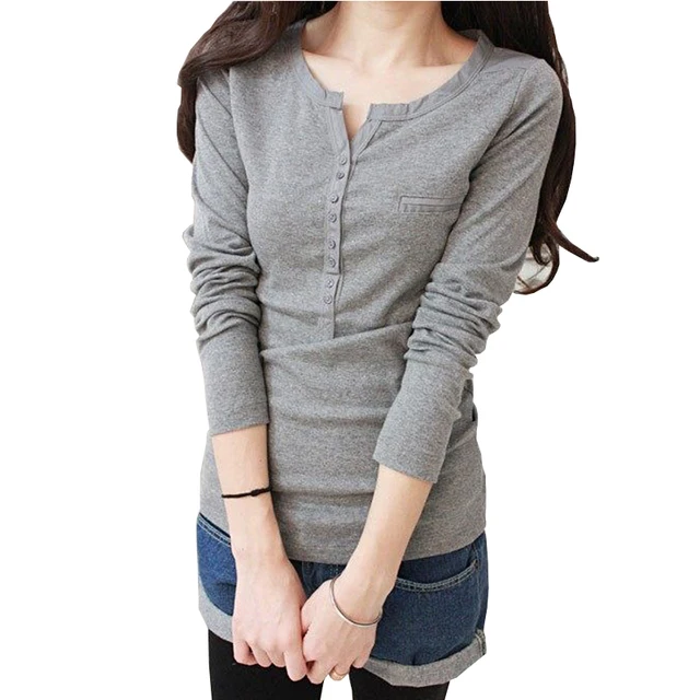 T Shirt Women 2018 Tops Long Sleeve Tees Button T Shirt