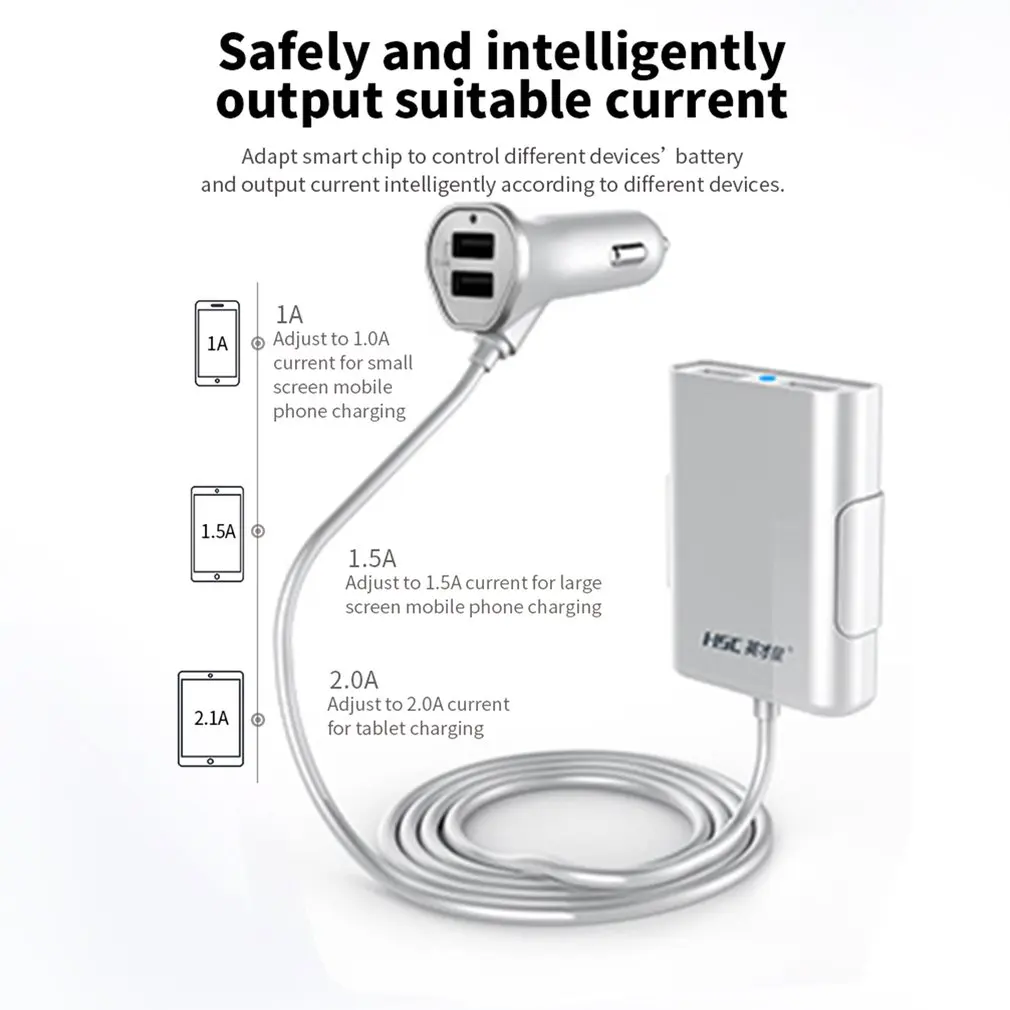 4.8A 4 порта USB удлинитель автомобильное зарядное устройство Универсальный
