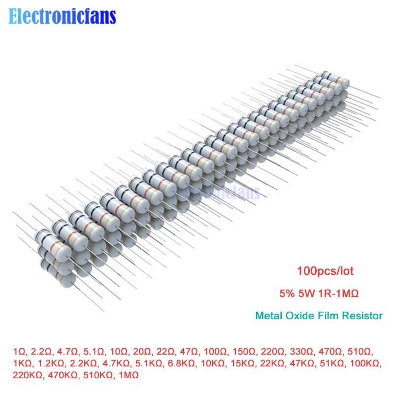 50 шт в наборе, металлооксидный пленочный резистор 5% 5 Вт 1R 4.7R 10R 100R 220R 1K 2,2 K 4,7 K 6,8 K 10K 22K 47K 100K 470K 1 МОм Ом 1R-1M Ω