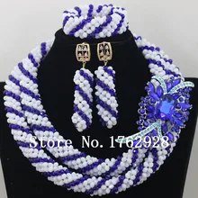 Королевский синий 2 ряда африканских Бусины комплект ювелирных изделий Кристалл Бусины Цепочки и ожерелья белая нигерийской свадьбы Африканский комплект ювелирных изделий