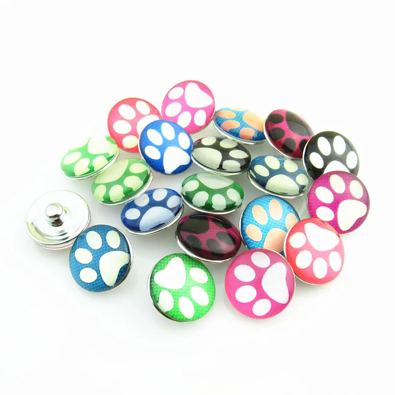 

10pcs/lot Mix Colour Glass Dog/Cat Paw Snap Button Charm Fit 18mm Snap Button Bracelet&Bangles Jewelry