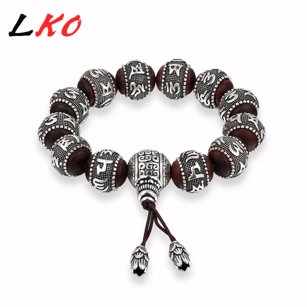 

LKO S990 Sandalwood Traditional Tibetan Buddhism Bracelet Men Six Words Mantras OM MANI PADME HUM Antiqued Metal Amulets Beads