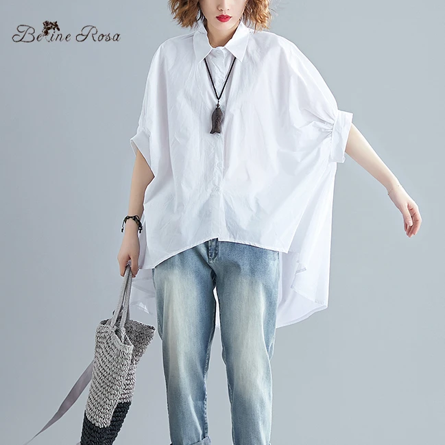 

BelineRosa Simple Style Women Blouse Summer Casual Lantern Short Sleeve Irregular Hem Plus Size Blouse Female NNDM0004