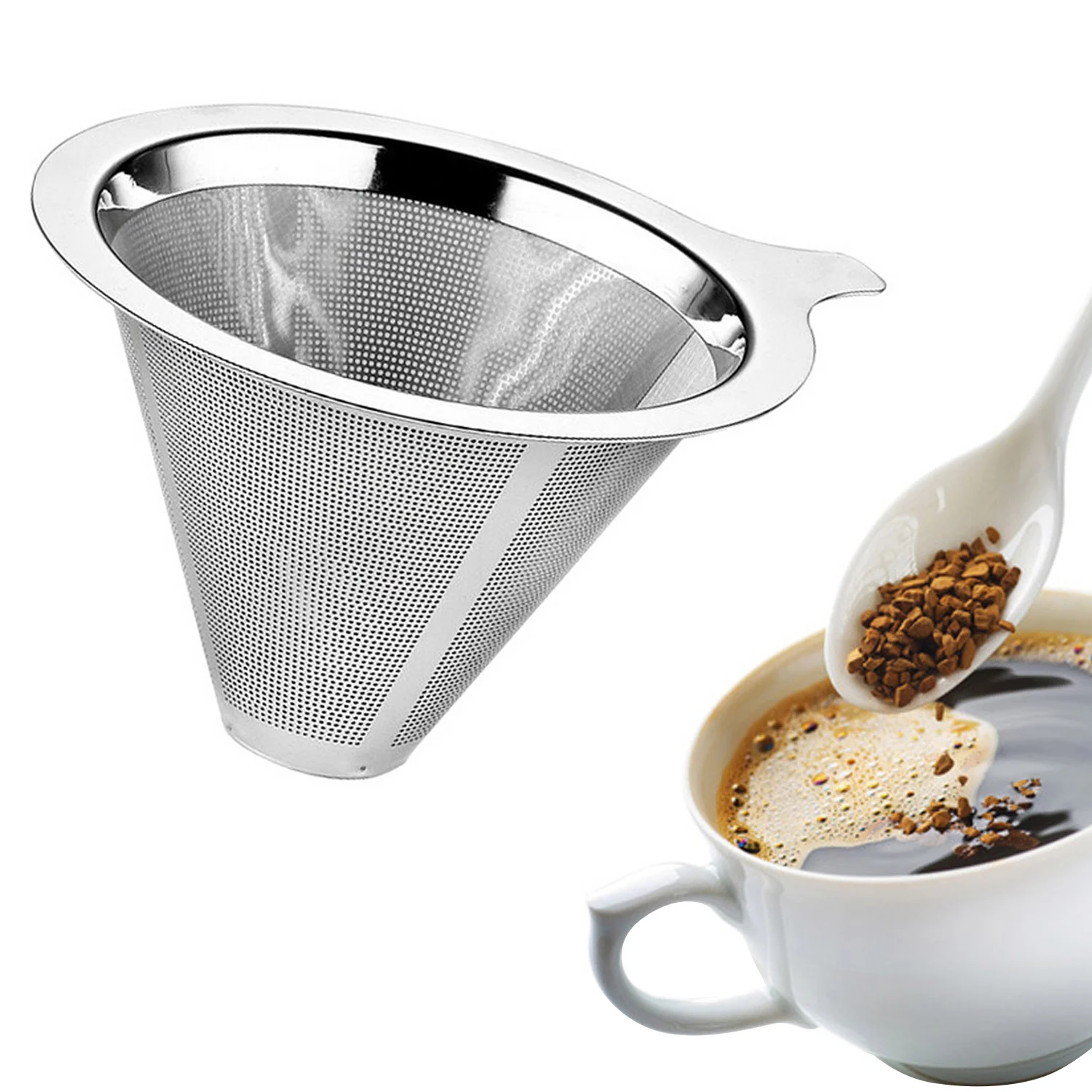 

Behogar 11.8x8cm Reusable Double-layer Stainless Steel Pour Over Coffee Filter Funnel for Home Office Apartment