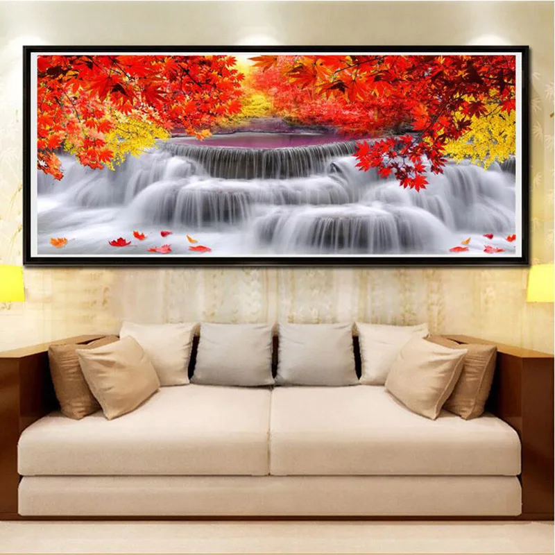 

D SH 5D DIY Diamond Embroidery Red Leaves Maple Waterfall Landscape Pattern Square/Round rhinestone Diamond Painting Home Decor