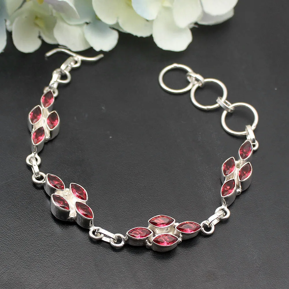 

Fashion Jewelry Natural RedTopaz 925 Sterling Silver Women Links Chain Bracelet 8.5 Inch TF1070