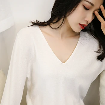

Spring and autumn new soft cashmere cashmere women's wild V-neck knit long-sleeved pullover solid color cashmere sweater