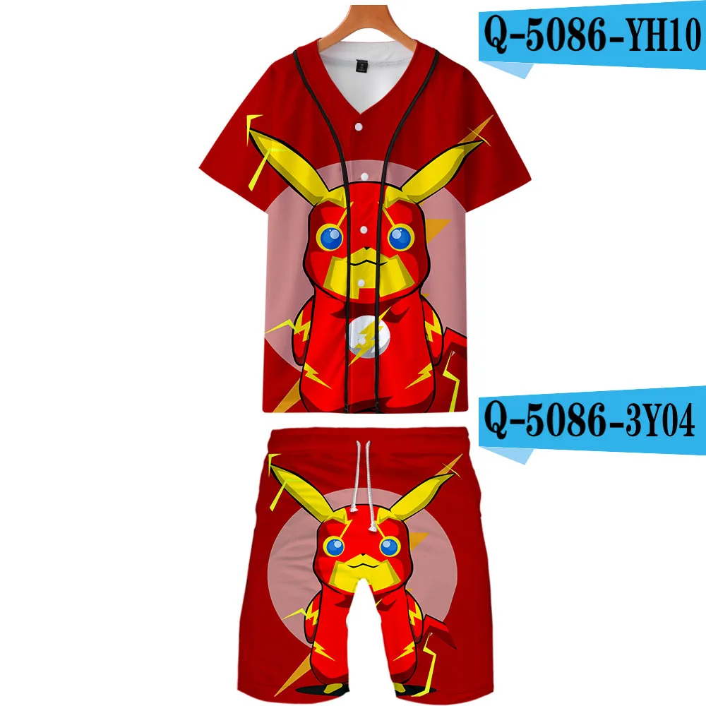 Комплект из двух предметов с 3D-принтом «Покемон»; Летние бейсбольные футболки+ повседневные шорты; модная уличная одежда года - Цвет: Бежевый
