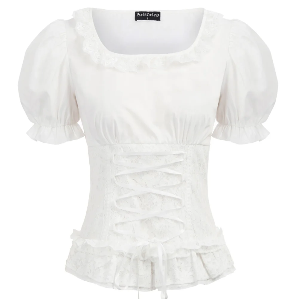 

Women vintage shirt Gothic clubwear cool sexy elegant slim Renaissance Steampunk Short Sleeve shirts Lace ruffles lace-up Tops