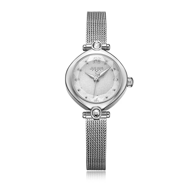 Julius женские роскошные циркониевые овальные водонепроницаемые кварцевые часы из нержавеющей стали с сетчатым ремешком платье часы модный браслет наручные часы - Цвет: silver color
