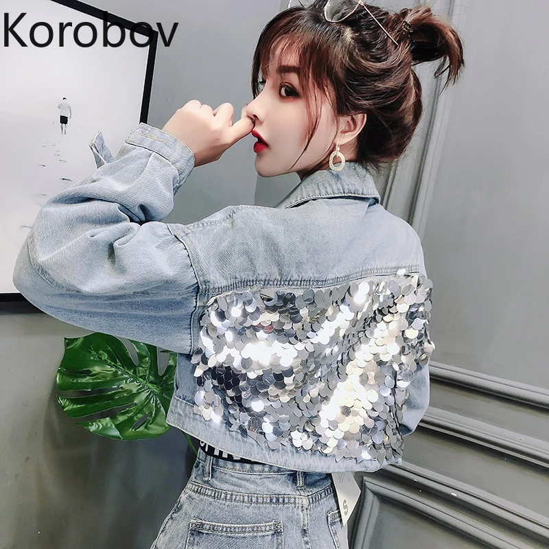 Женская джинсовая куртка Korobov Корейская короткая с блестками в стиле пэчворк