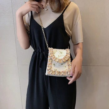 

Summer New Flip Cover Bag Pu Leather Lace Women'S Handbag Pearl Flower Chain Shoulder Messenger Bag