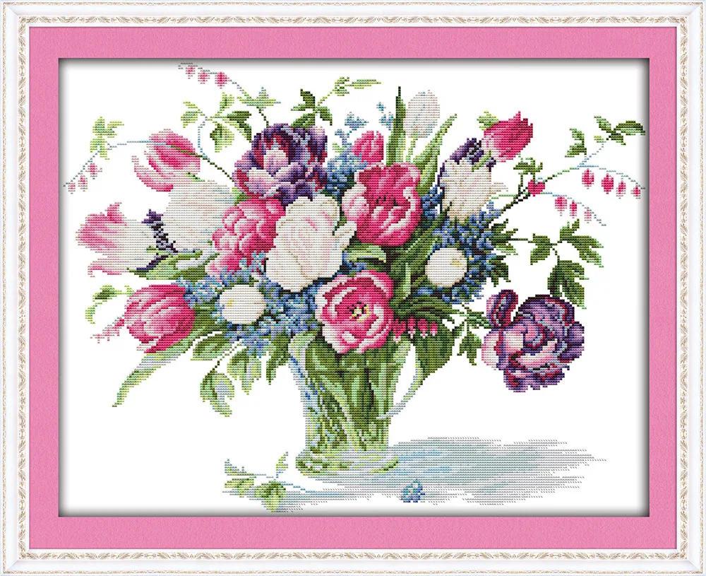 Joy sunday flower style Tulip vase diy cross stitch embroidery patterns