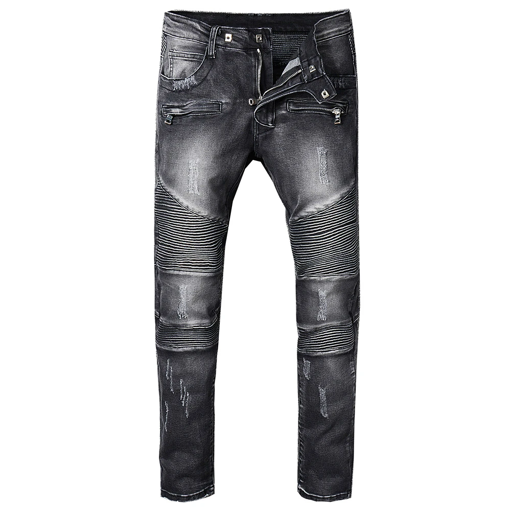 Men Jeans Straight Full Length Casual Black Biker Jeans Zipper Ripped Design Denim Fashion Hip Hop Skinny Jeans Men Big Sizes