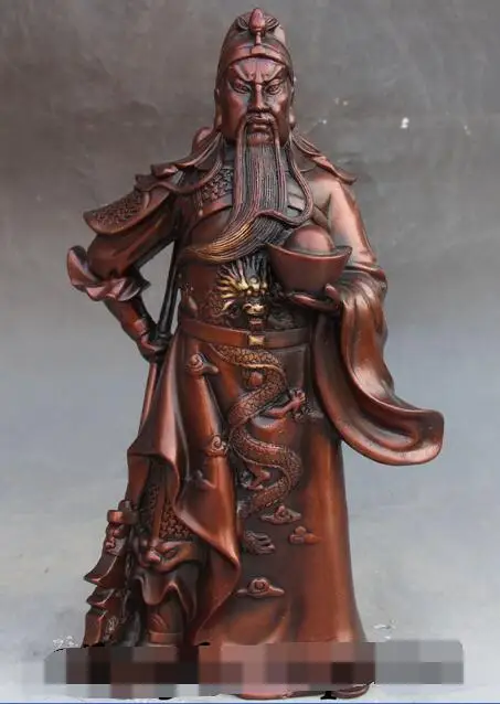 

12" Chinese Red Bronze Dragon Yuanbao Guan Gong Yu Warrior God Hold knife Statue