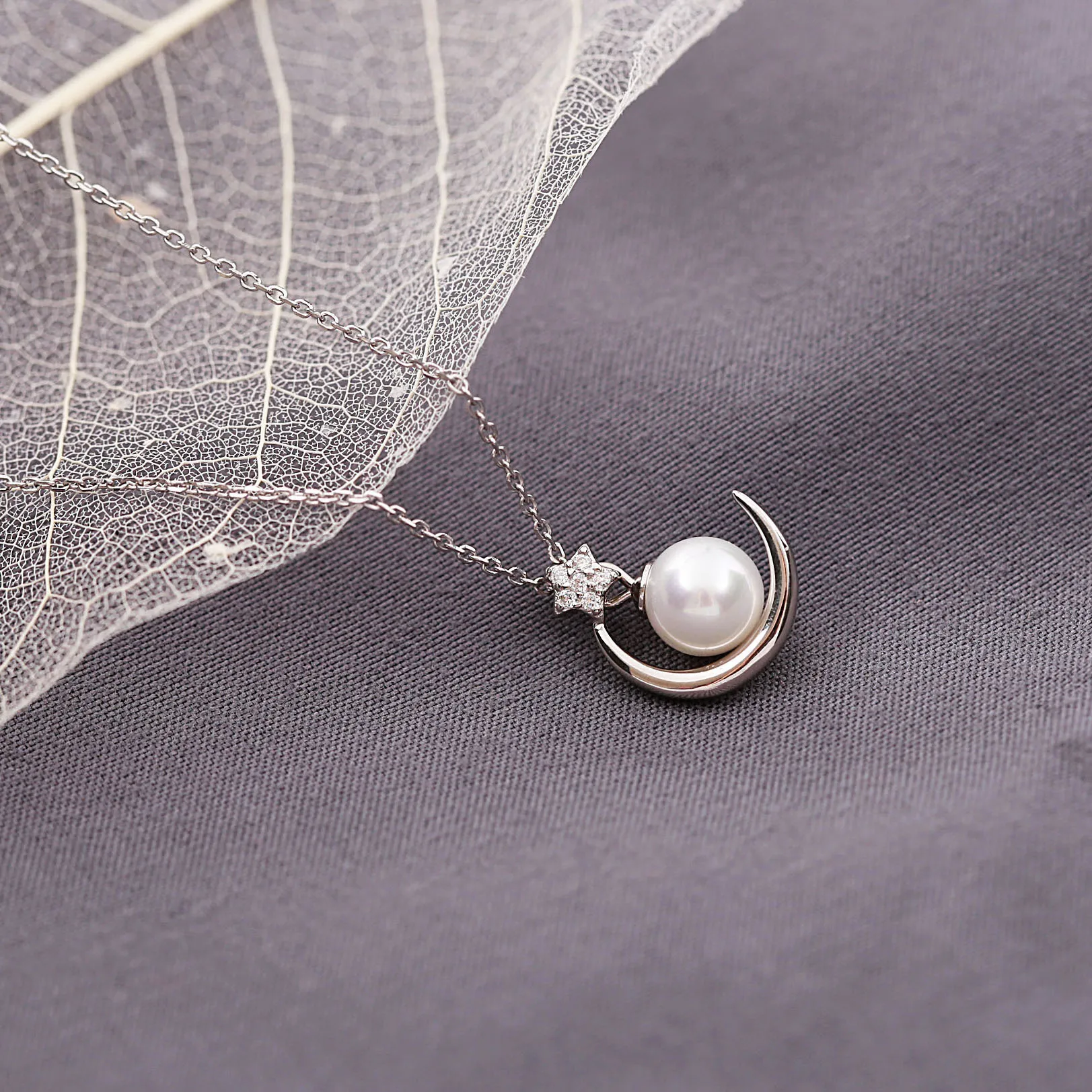 moon star pearl CZ women 100% 925 Sterling silver nacklace Jewellery Clavicle chain pendant charms girl gift