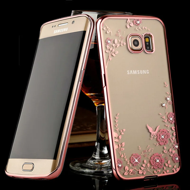 

Exquisite Plating Clear Soft TPU Case For Samsung Galaxy S6 Edge Plus Note 5 S7 Edge Silicone Case Diamond Flower Phone Cover