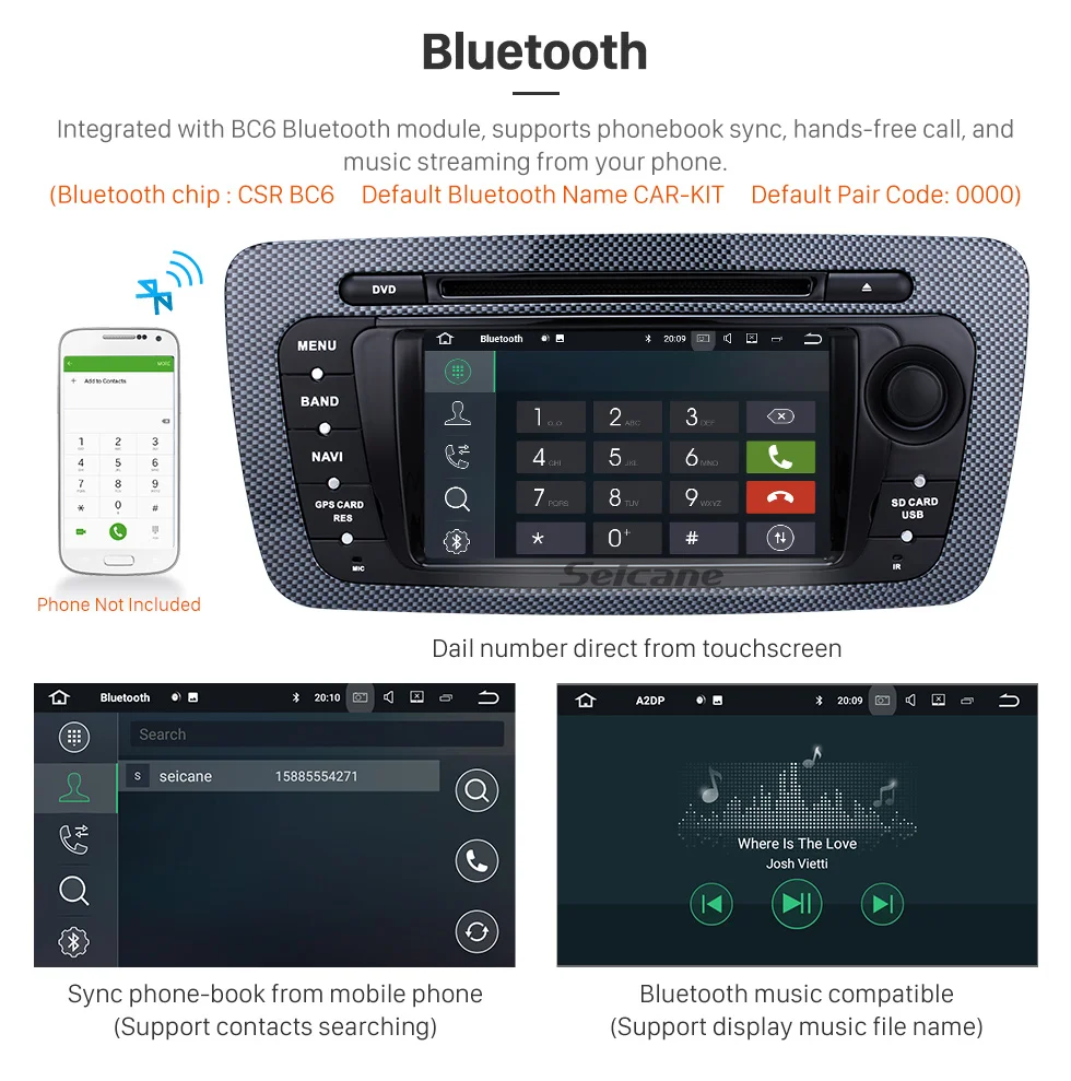 Seicane 2 Din Radio Android 8.0 DVD Player Bluetooth GPS Navigation system for 2009 2010 2011 2012 2013 SEAT IBIZA USB SD IPOD Mirror Link WIFI Stereo Support Steering Wheel Control Rearview Camera DVR