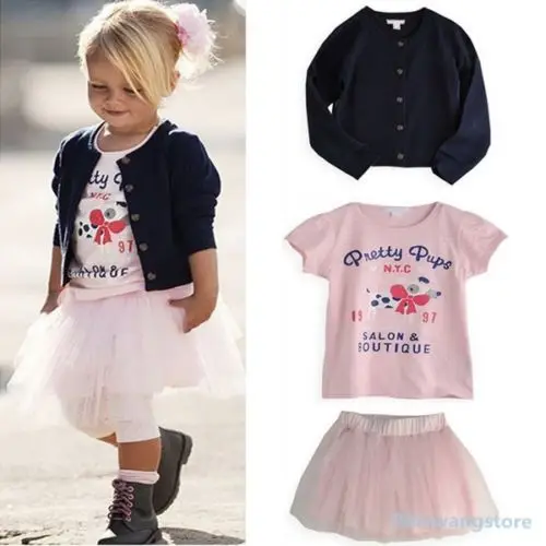 

Girls T-shirt+Coat+Skirt Outfit Tutu Dress Set Costume 3 Pcs Clothes Size 0-5Y