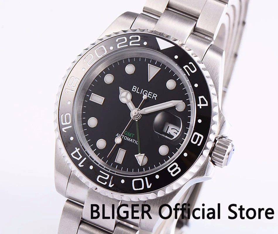 BLIGER 40MM GMT Function Sapphire Glass Men's Watch Black Dial Ceramic Bezel Automatic Movement