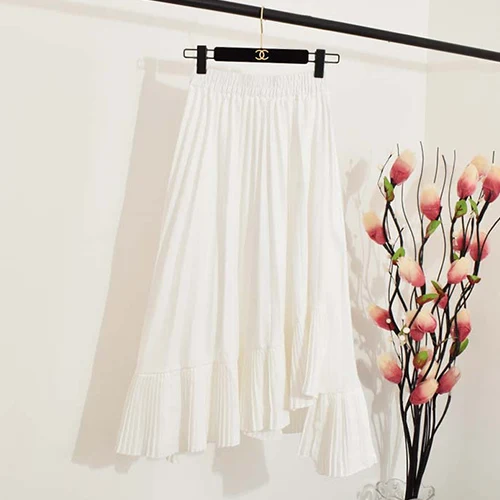 TIGENA Асимметричные Длинные гофрированные шифоновые юбки для женщин летняя корейская мода Высокая талия юбка женская повседневная черная белая юбка - Цвет: Белый
