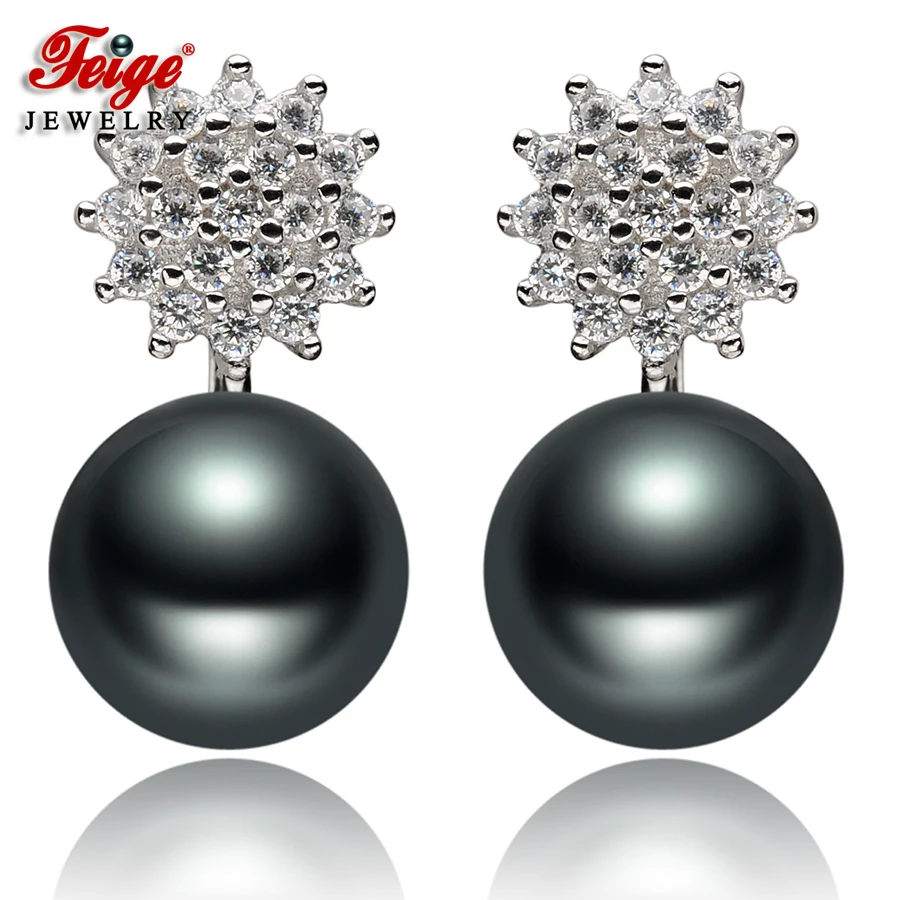 

FEIGE New Design 7-8mm Black Freshwater Pearls High quality 925 Sterling Silver Stud Earrings For Women's Brincos Pearl Jewelry