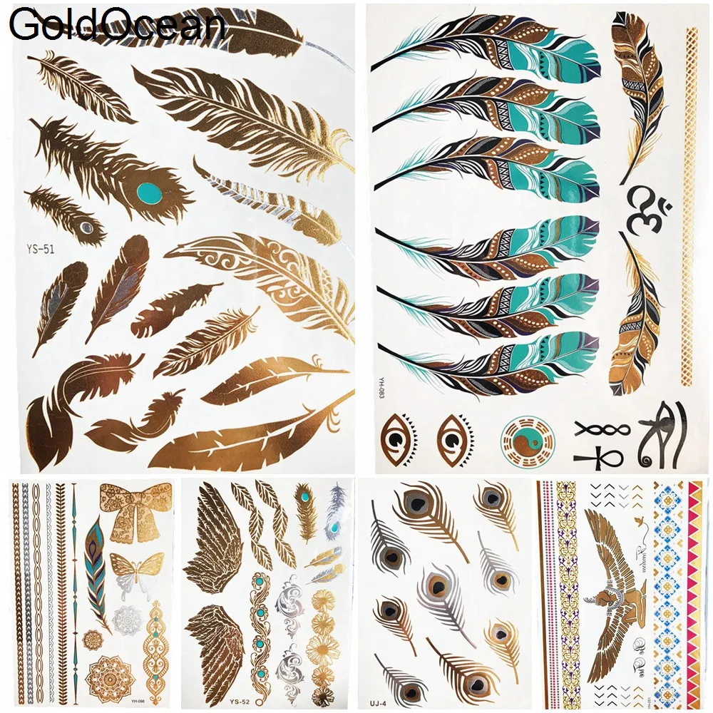 

Gold Tribal Feather Metallic Temporary Tattoo Sticker Girl Body Arm Art Waterproof Tattoo Women Clavicle Flash Tatoos Chest Face